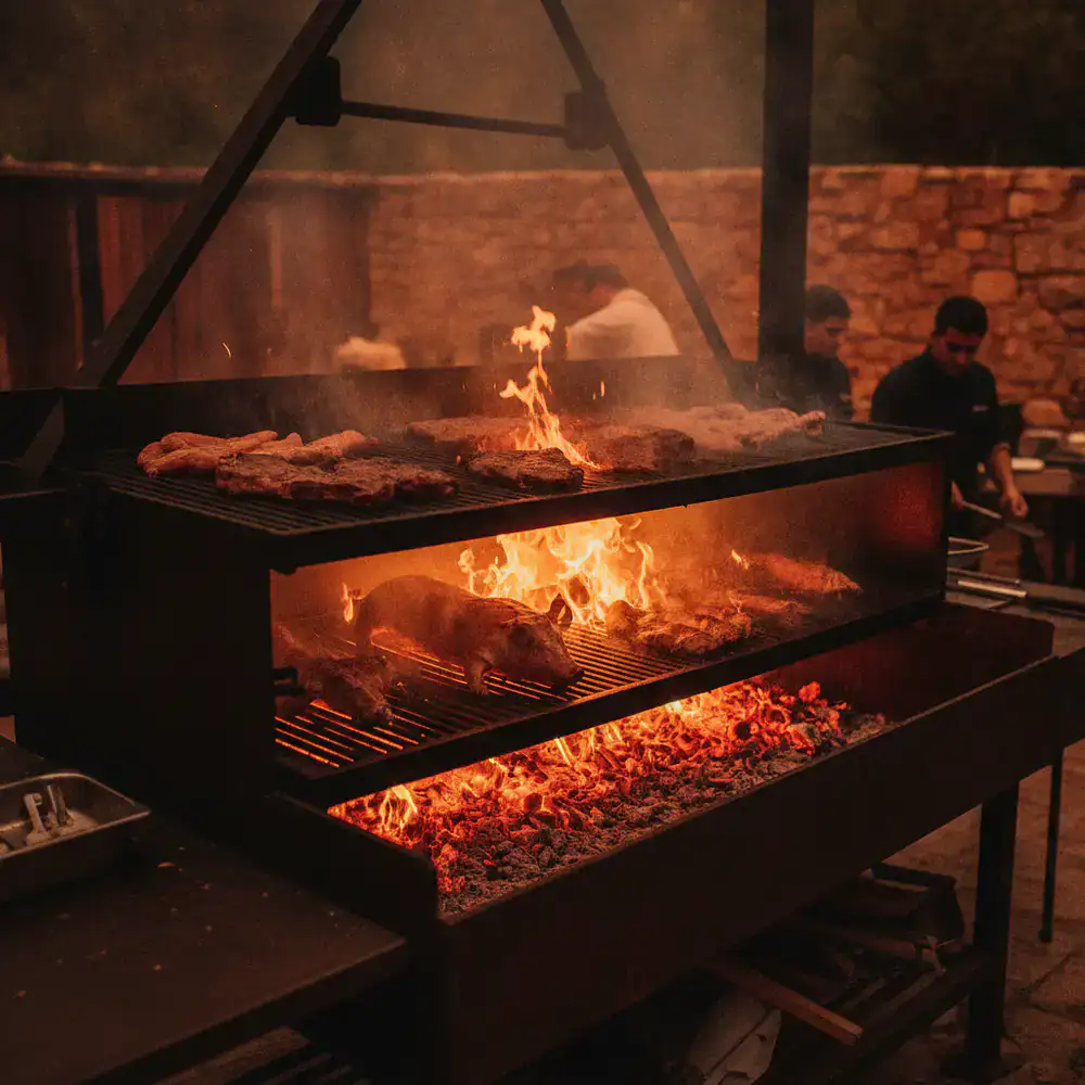 Massiver Holzkohlegrill in Aktion