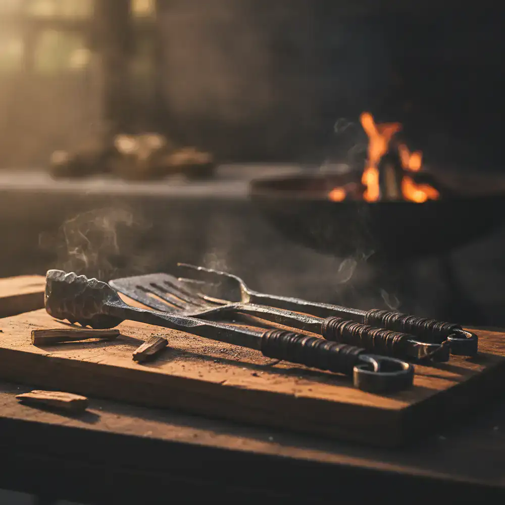 Handgeschmiedete Grillwerkzeuge auf einem Holzbrett