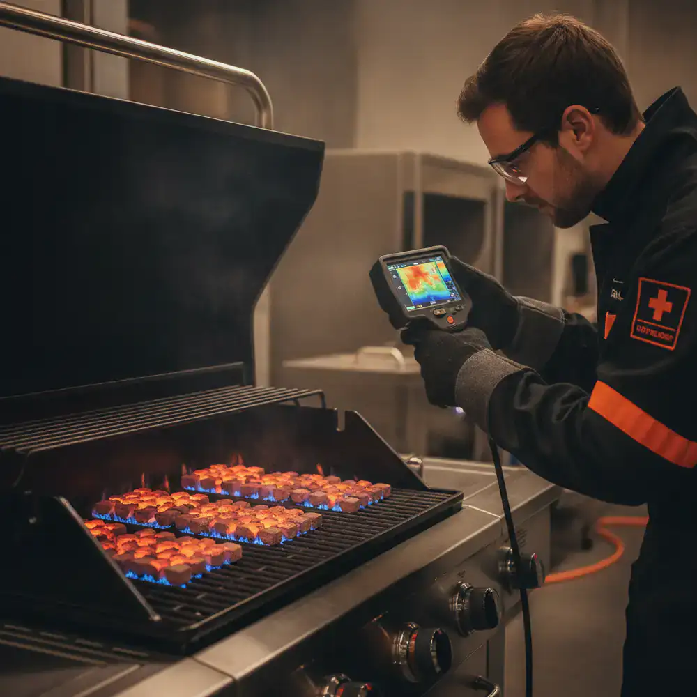 Ingenieur prüft die Temperaturverteilung eines Gasgrills